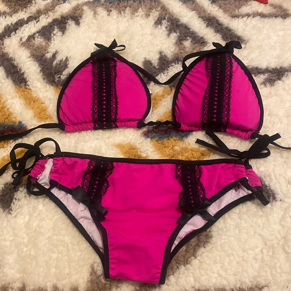 Pink black lace bikini